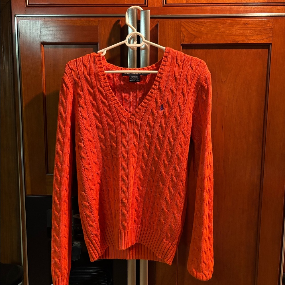 Ralph Lauren Bright Orange Cable-Knit V-Neck Sweater
